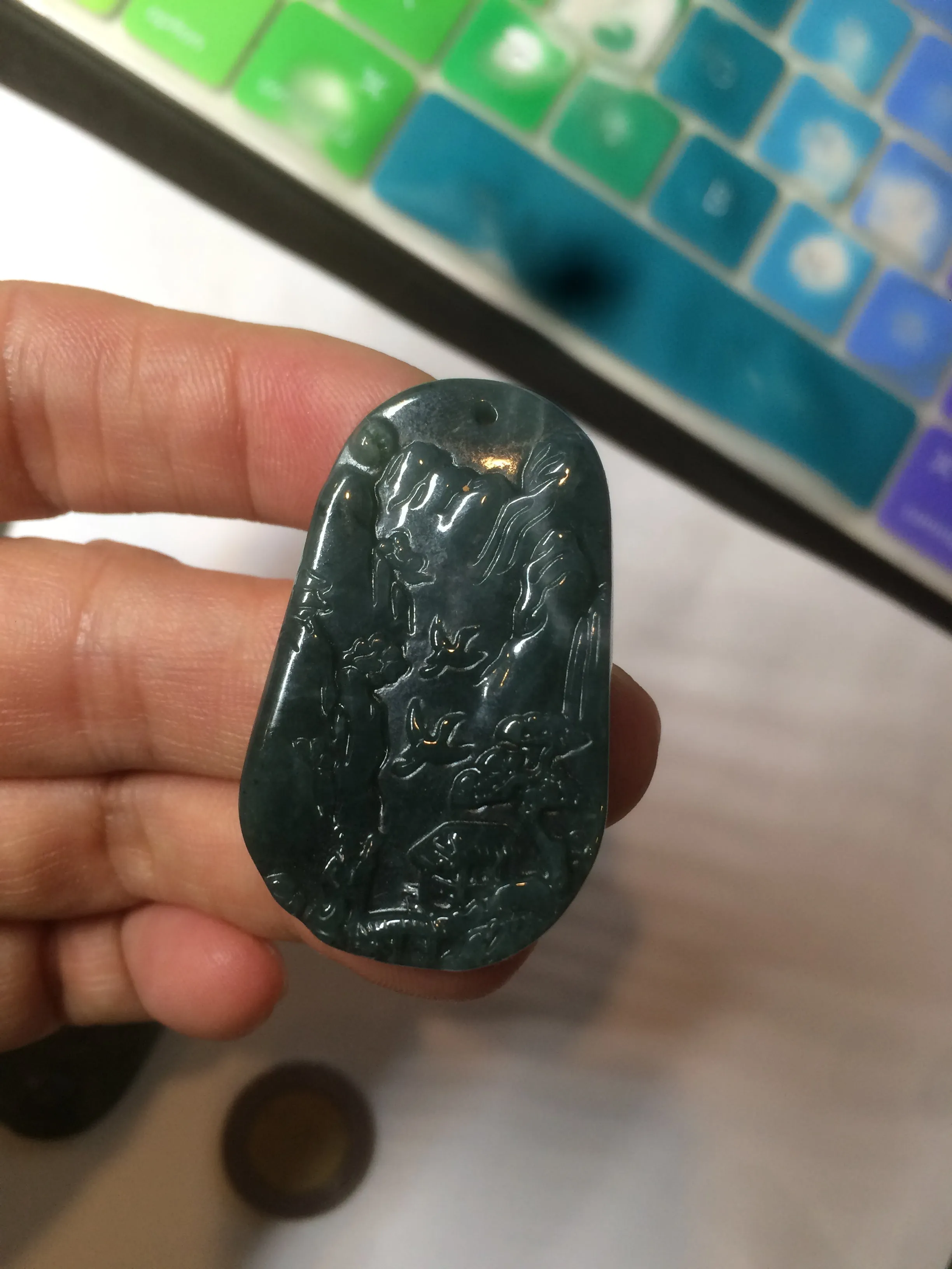 100% natural green/blue/gray/yellow Guatemala jadeite jade landscape(山水) pendant AQ74