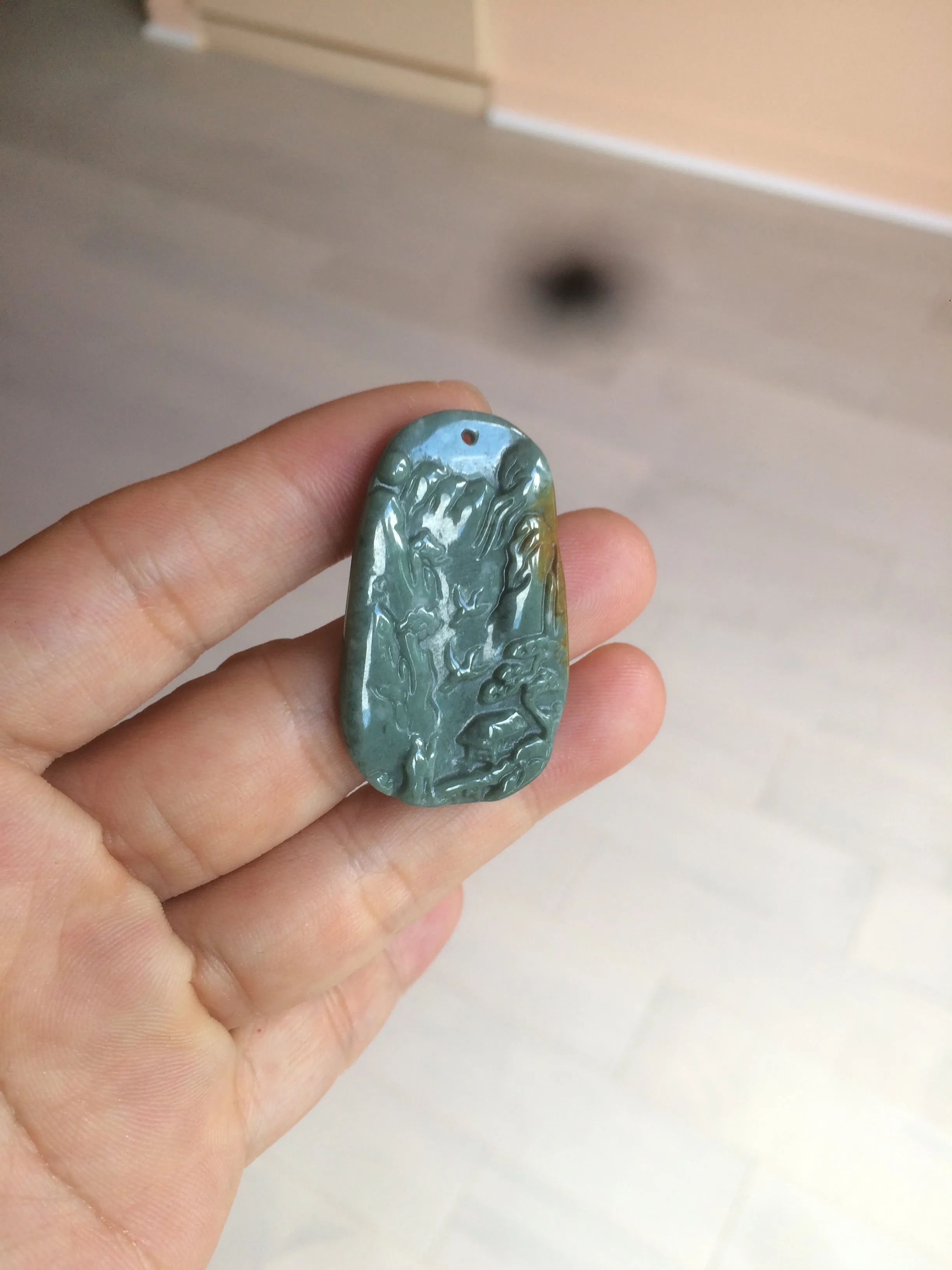 100% natural green/blue/gray/yellow Guatemala jadeite jade landscape(山水) pendant AQ74