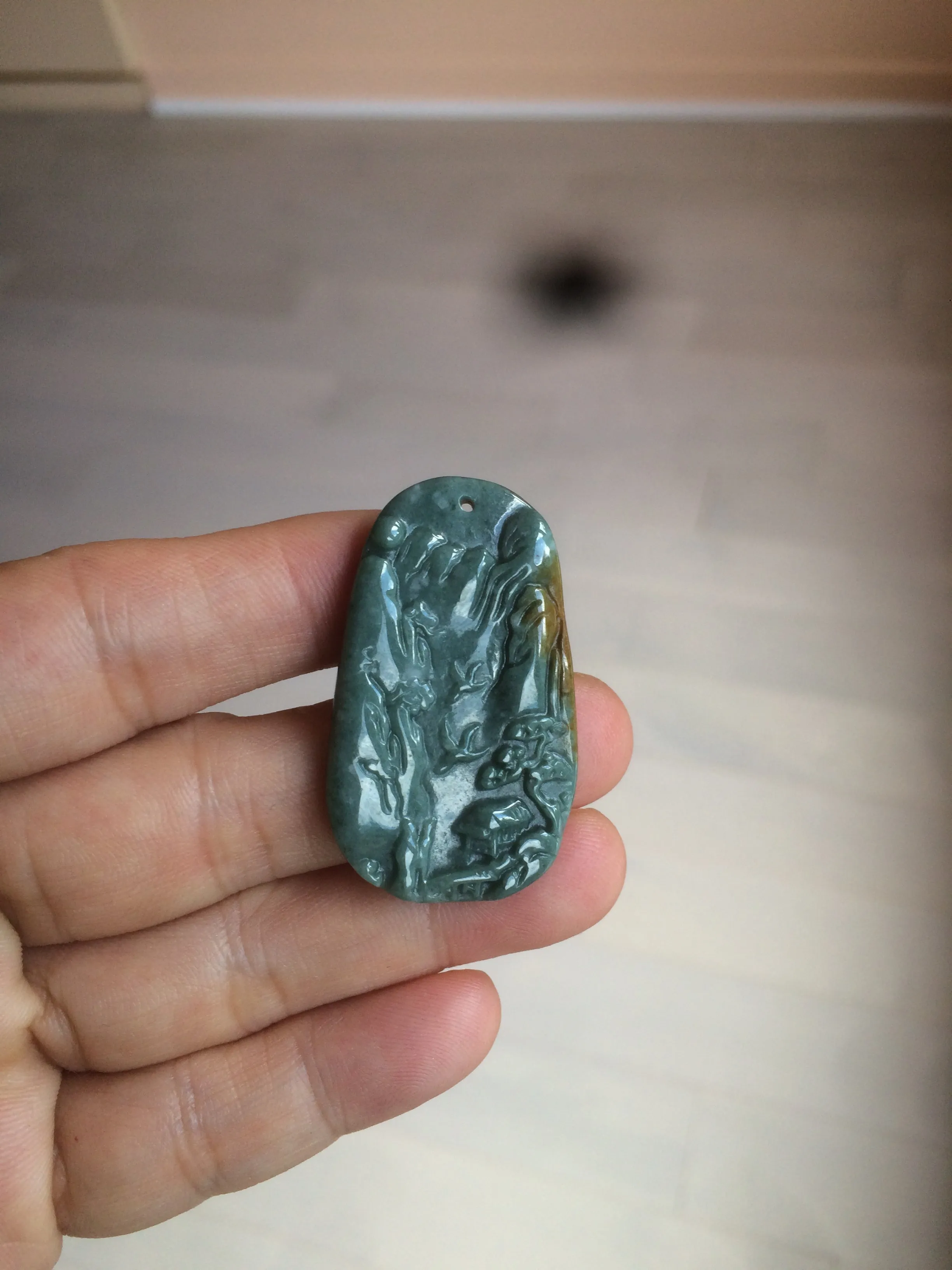 100% natural green/blue/gray/yellow Guatemala jadeite jade landscape(山水) pendant AQ74