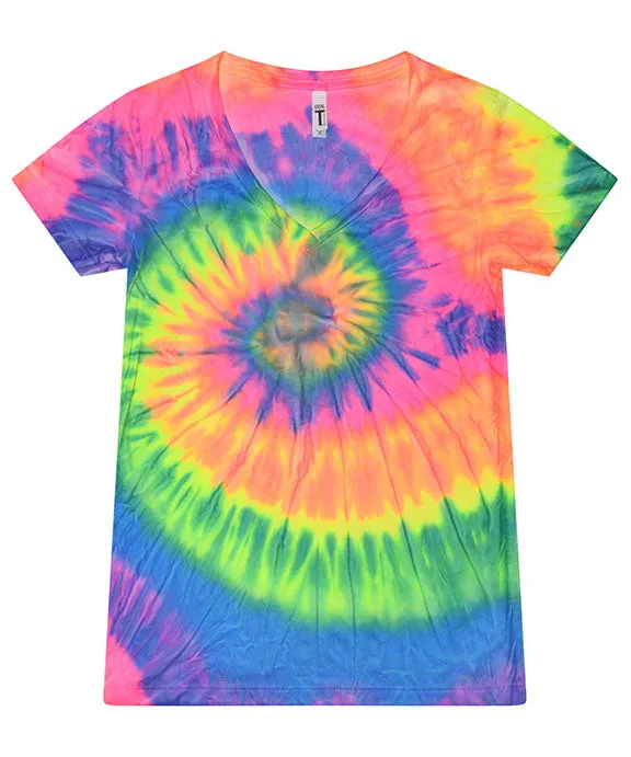 1075CD - Tie-Dye Ladies V-Neck T-Shirt | Neon Rainbow