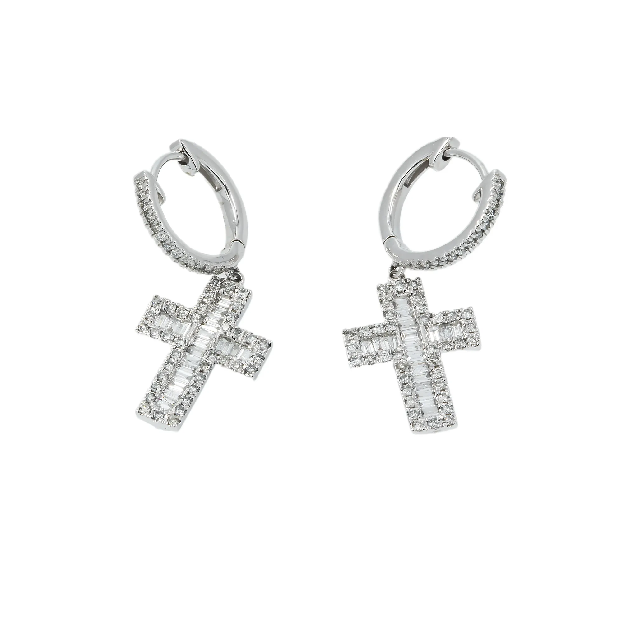 10K GOLD BAGUETTE AND ROUND DIAMOND CROSS HOOP EARRINGS 1.10 CTW