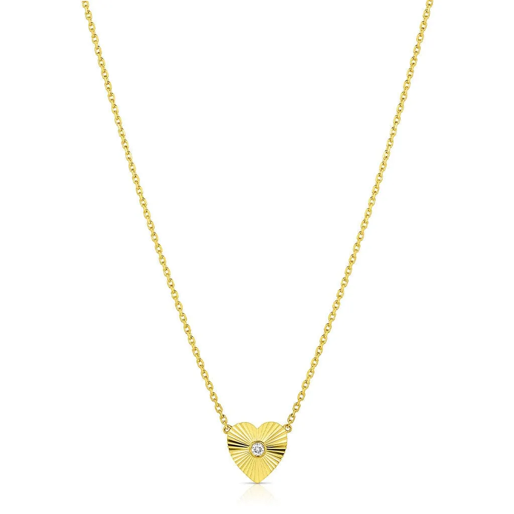 18kt Yellow Gold Diamond Fluted Heart Pendant Necklace