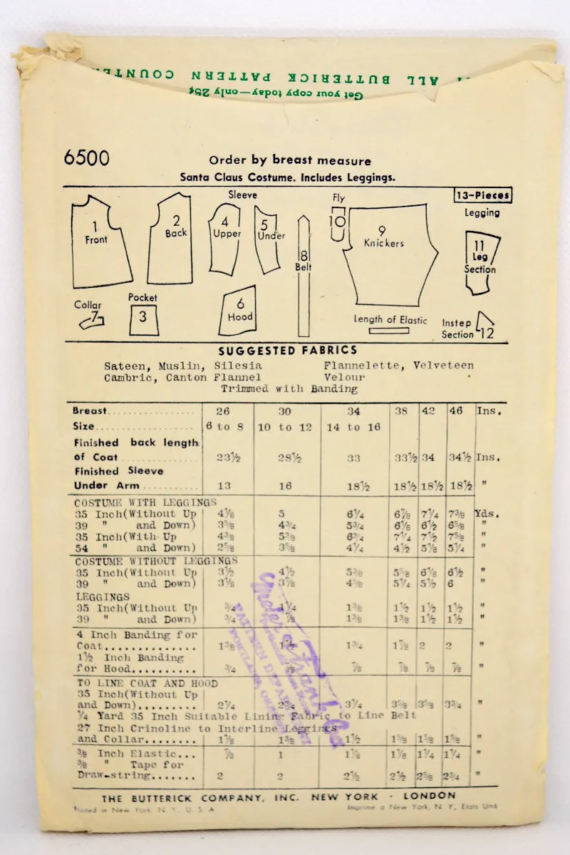 1940s Butterick 6500 Santa Claus Suit Costume Vintage Sewing Pattern