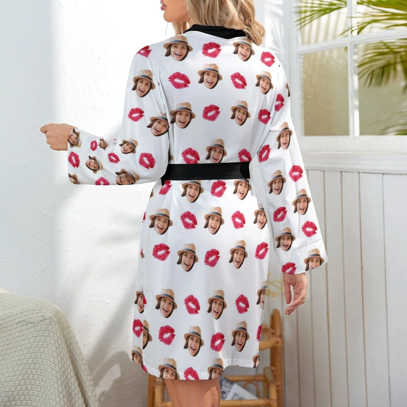 2 Pcs Face Print Pajamas-Custom Face Red Lips Sleepwear Personalized Women's Bath Robe &Women's Nightgown