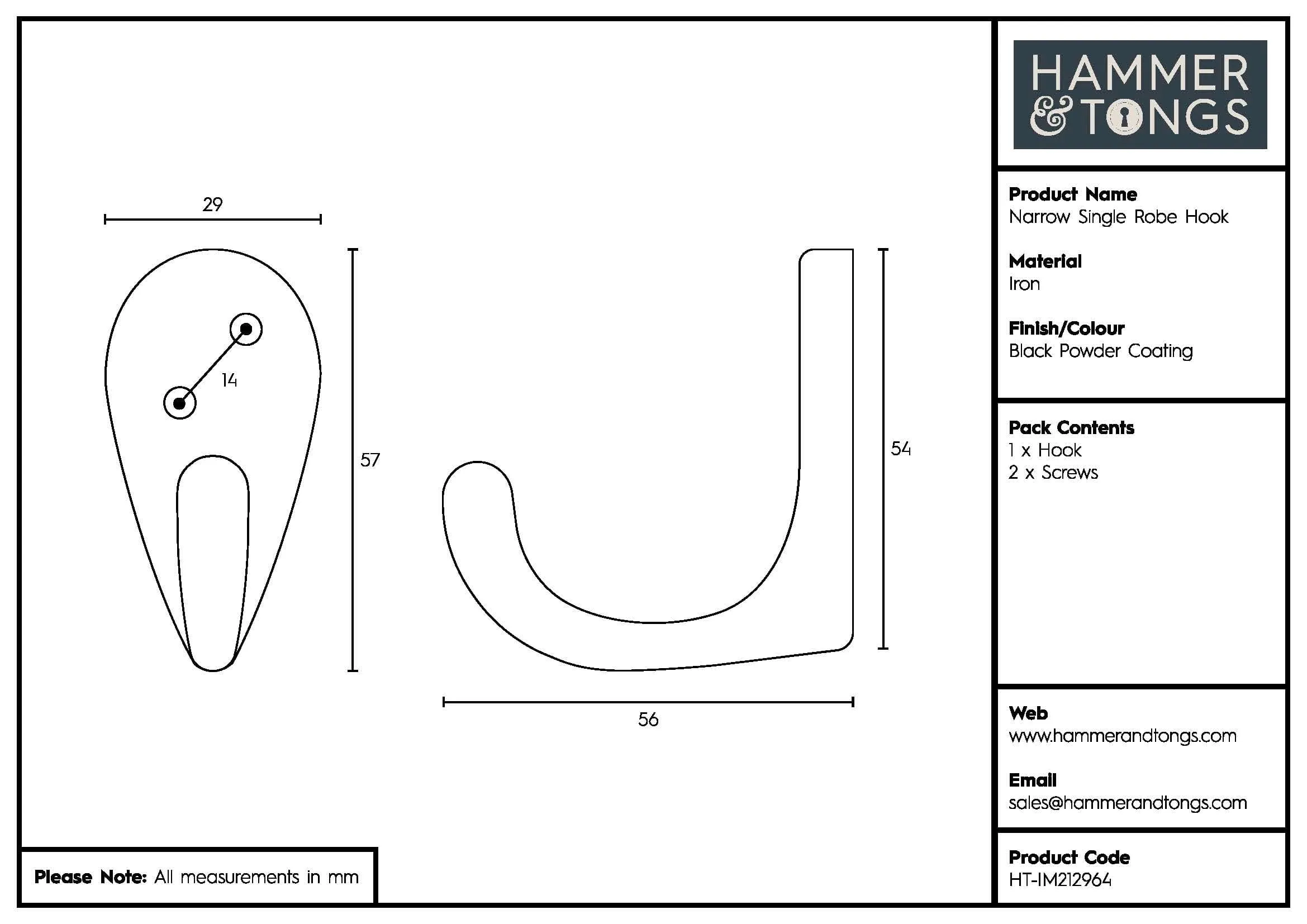 30mm x 55mm Black Narrow Single Robe Hook - By Hammer & Tongs