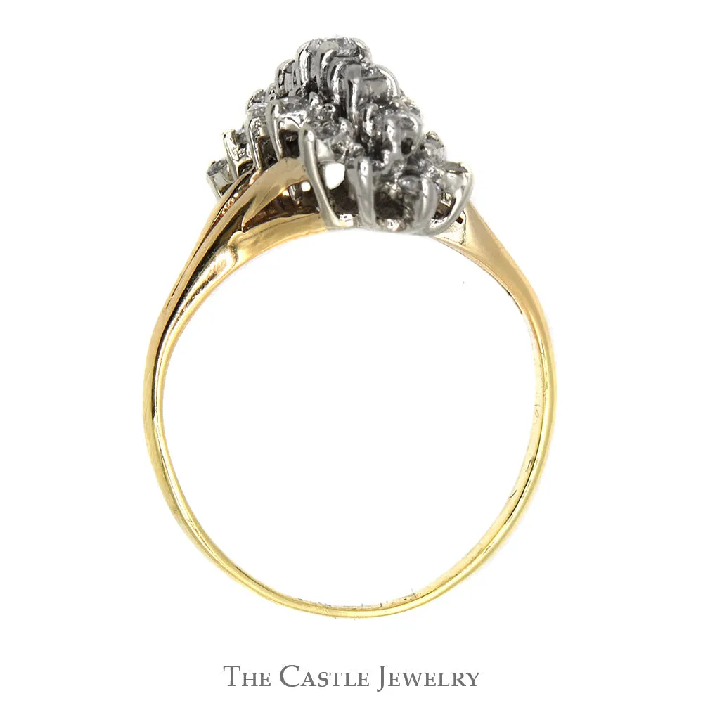 3/4cttw Diamond Waterfall Cluster Ring with Split Shank Sides in 10k Yellow Gold