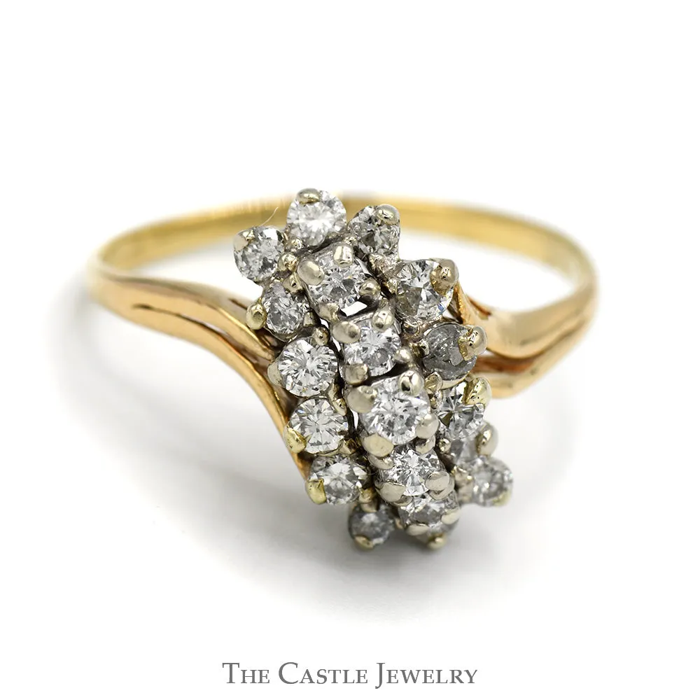 3/4cttw Diamond Waterfall Cluster Ring with Split Shank Sides in 10k Yellow Gold