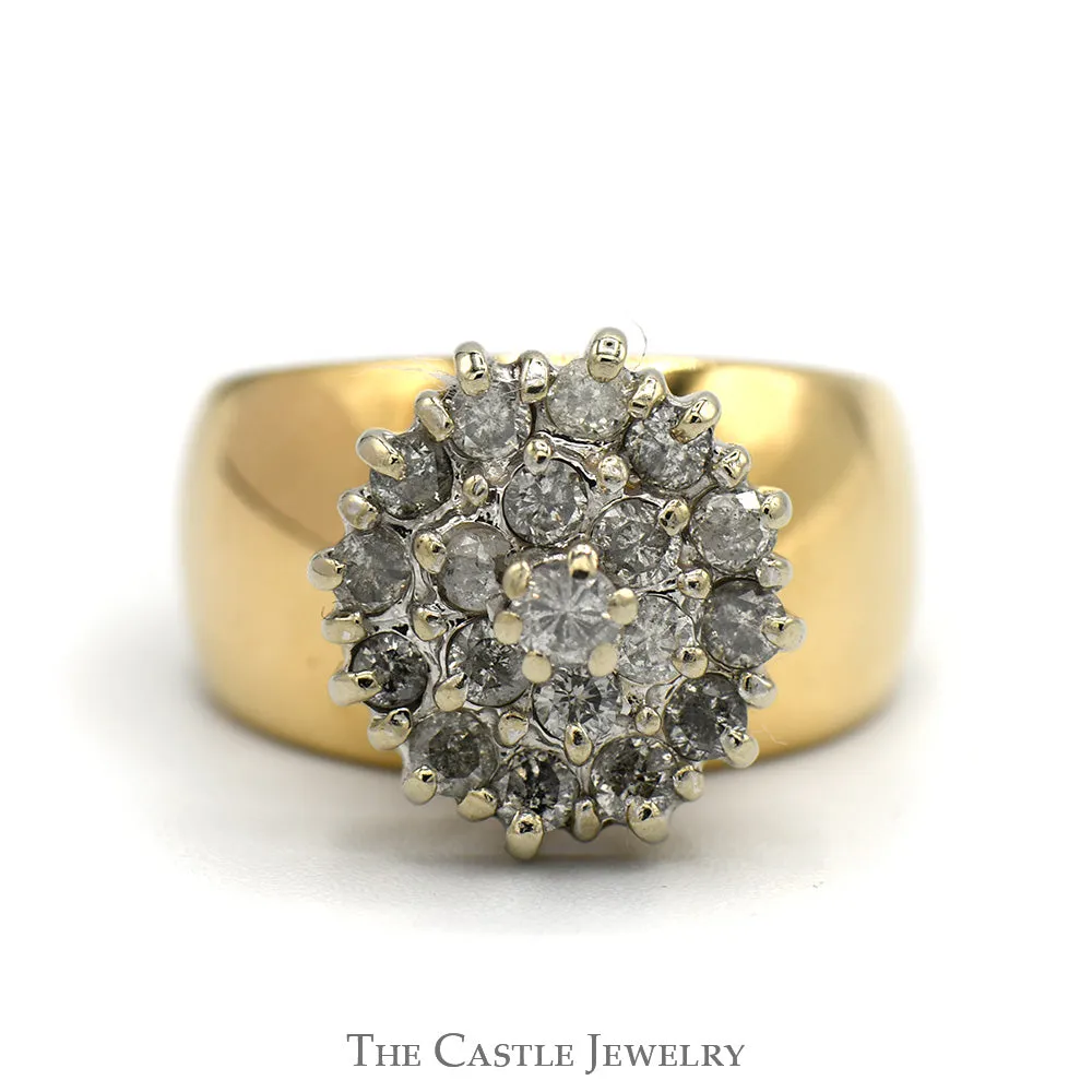 3/4cttw Round Diamond Cluster Ring with Wide Polished Sides in 10k Yellow Gold