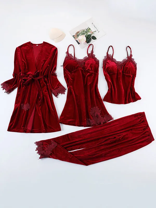 4pcs Lace Stitching Velvet Pajama Set