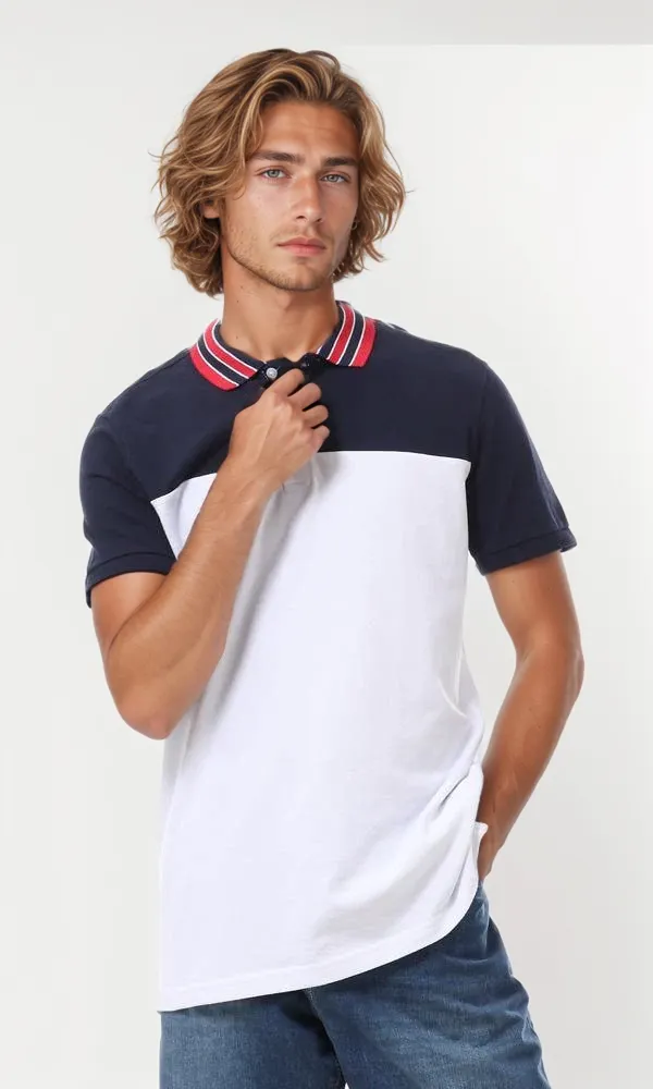 56682 Navy Blue & White Striped Turn Down Collar Polo Shirt