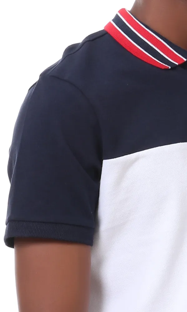 56682 Navy Blue & White Striped Turn Down Collar Polo Shirt