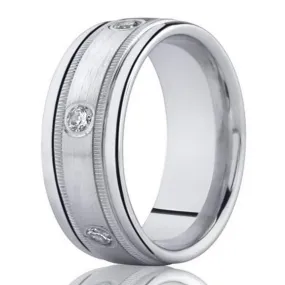 8mm Mens White Gold Diamond Wedding Band in 14k with Milgrain