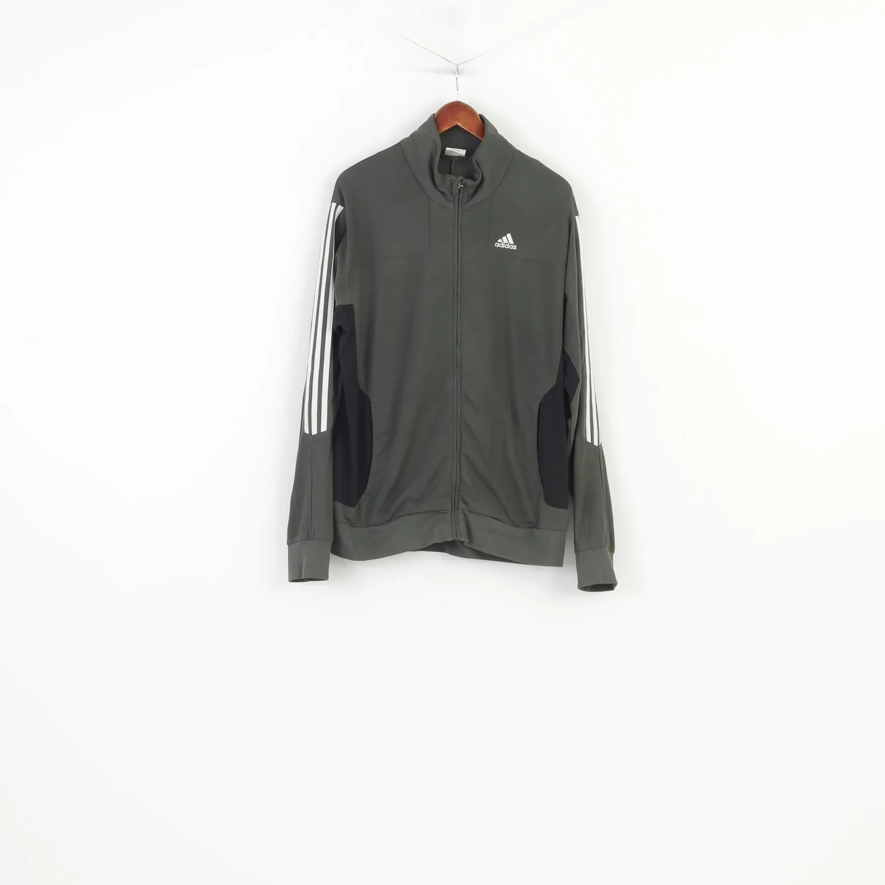 Adidas Men 44 L Sweatshirt Full Zipper Grey Sportswear Vintage Training 3 Stripes Top