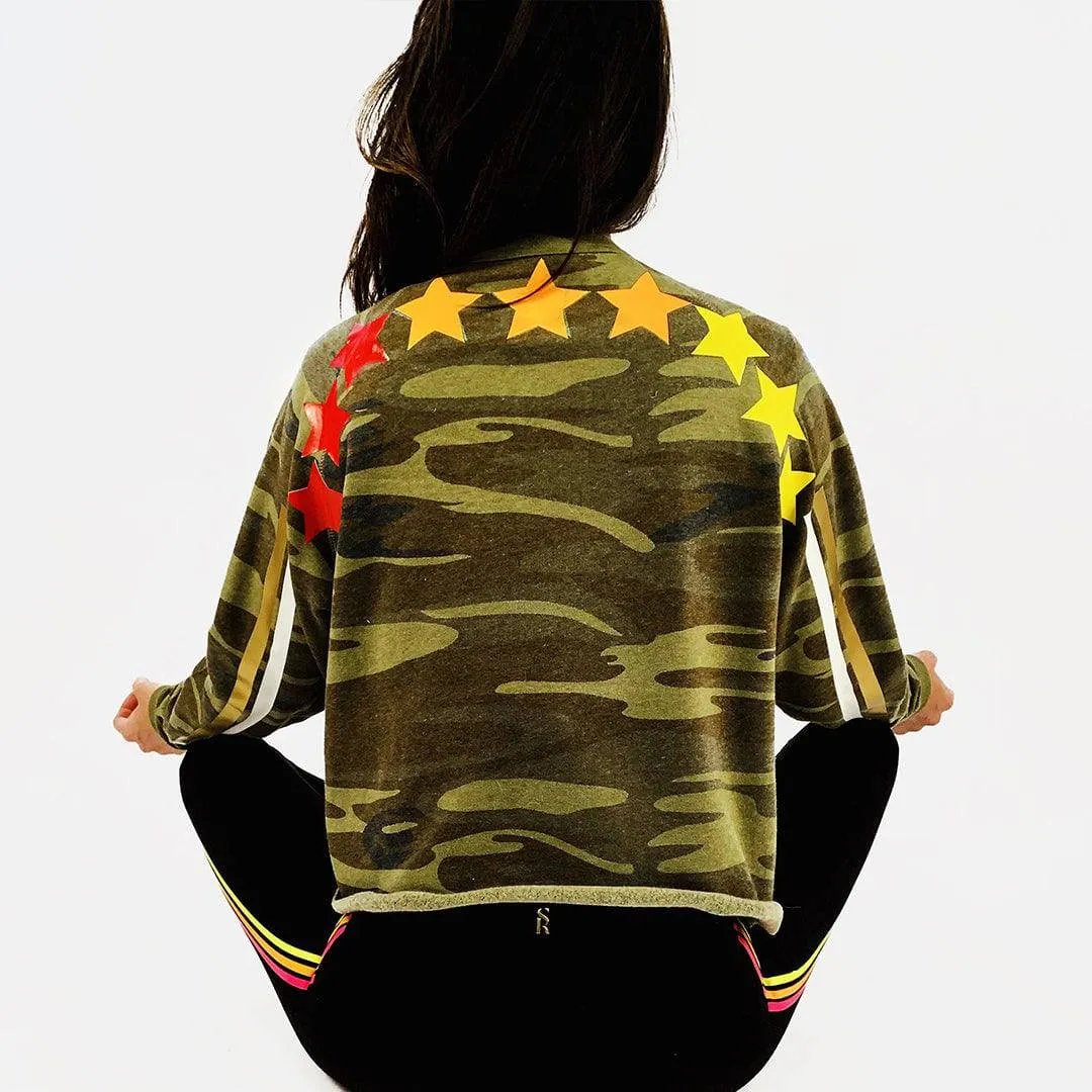 Babsie Camo Hip Length Semi Crop Sweatshirt - NEON Stars