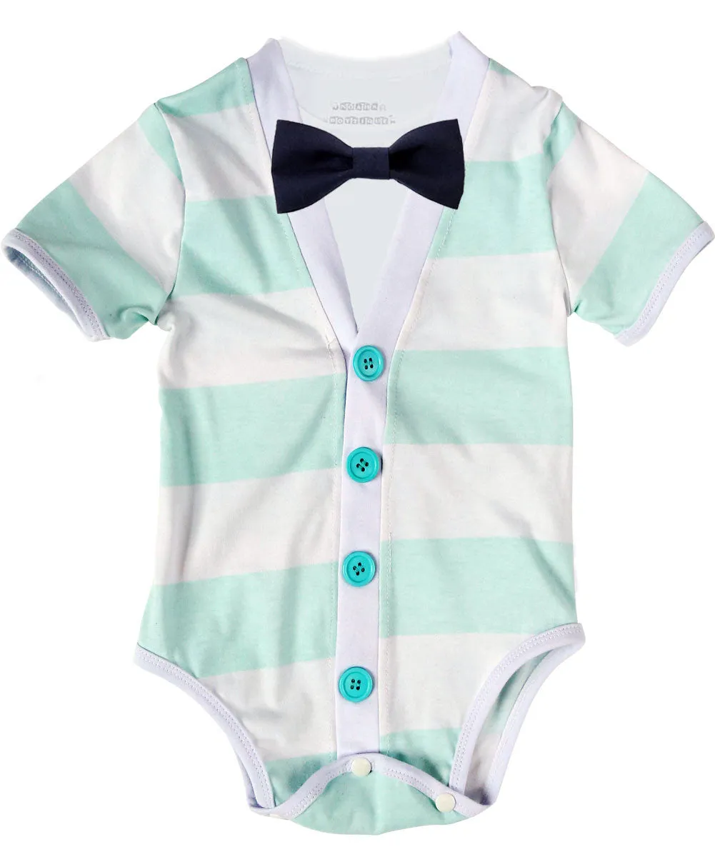 Baby Boy Cardigan Outfit with Bow Tie Mint - Preppy Baby Outfit - Short Sleeve - Baby Boy Clothes - Stripes - Summer - Spring - Noah's Boytique