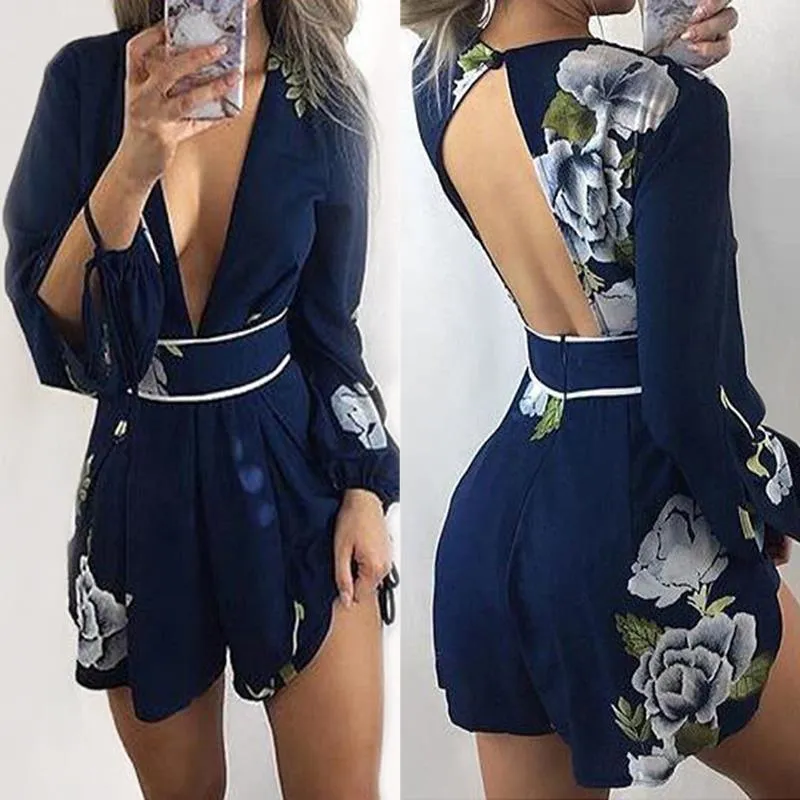 BACKLESS NAVY FLORAL ROMPER