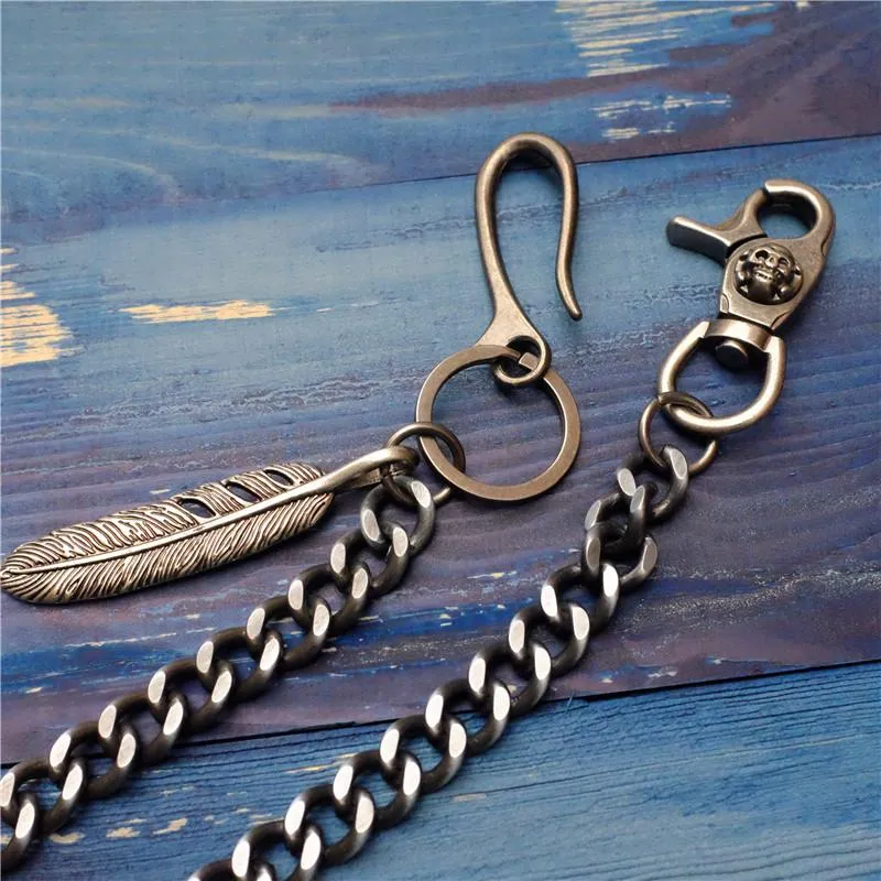 Badass Men's Skull Feather Pendant Wallet Chain Long Pants Chain Biker Wallet Chain For Men