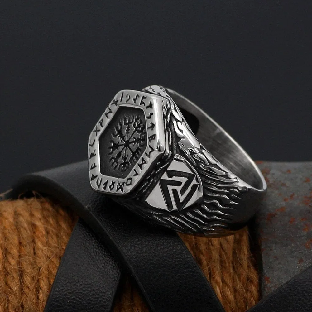 Bague boussole runique Vegvisir