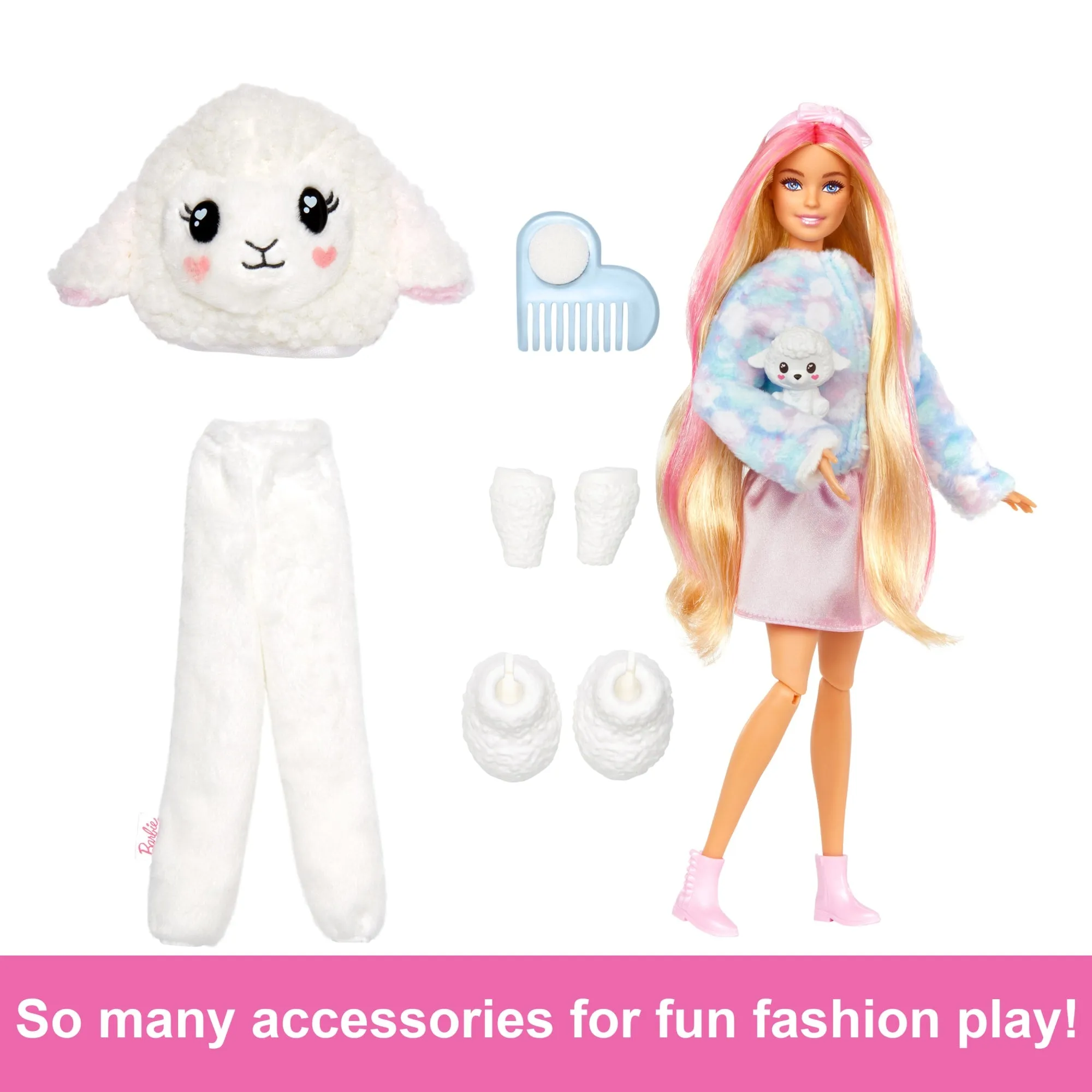 Barbie Cutie Reveal Cozy Cute Tees Doll & Accessories, Lamb in “Dream” T-Shirt, Pink-Streaked Blond Hair & Blue Eyes