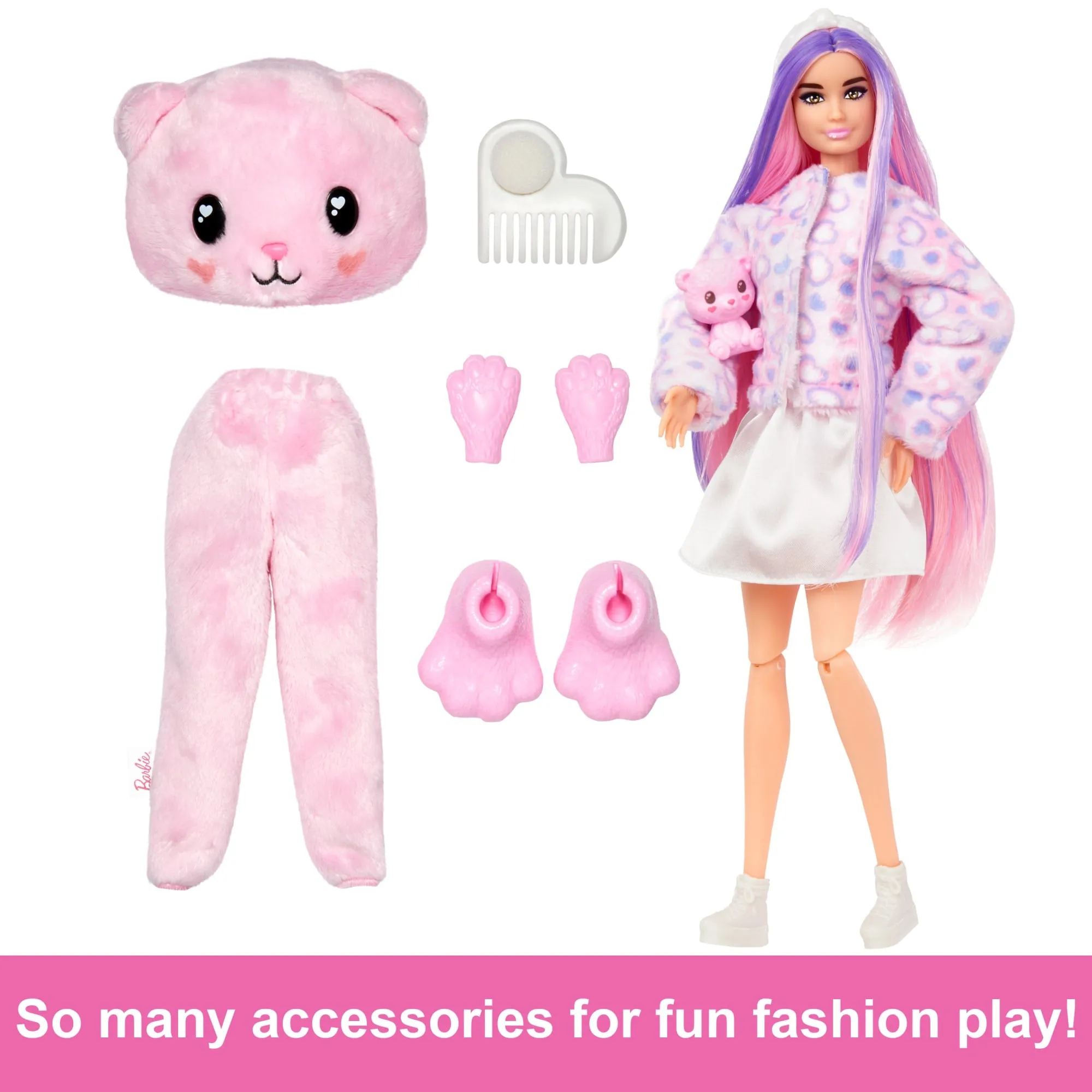 Barbie Cutie Reveal Doll & Accessories, Cozy Cute Tees Teddy Bear in “Love” T-Shirt, Purple-Streaked Pink Hair & Brown Eyes