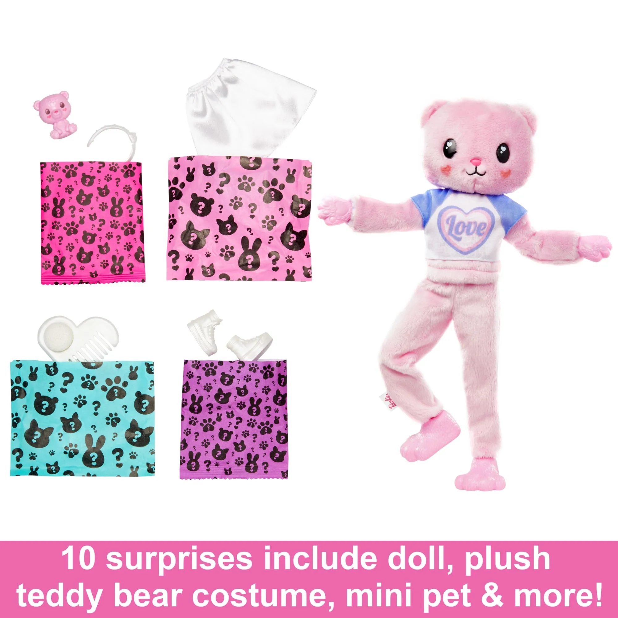 Barbie Cutie Reveal Doll & Accessories, Cozy Cute Tees Teddy Bear in “Love” T-Shirt, Purple-Streaked Pink Hair & Brown Eyes