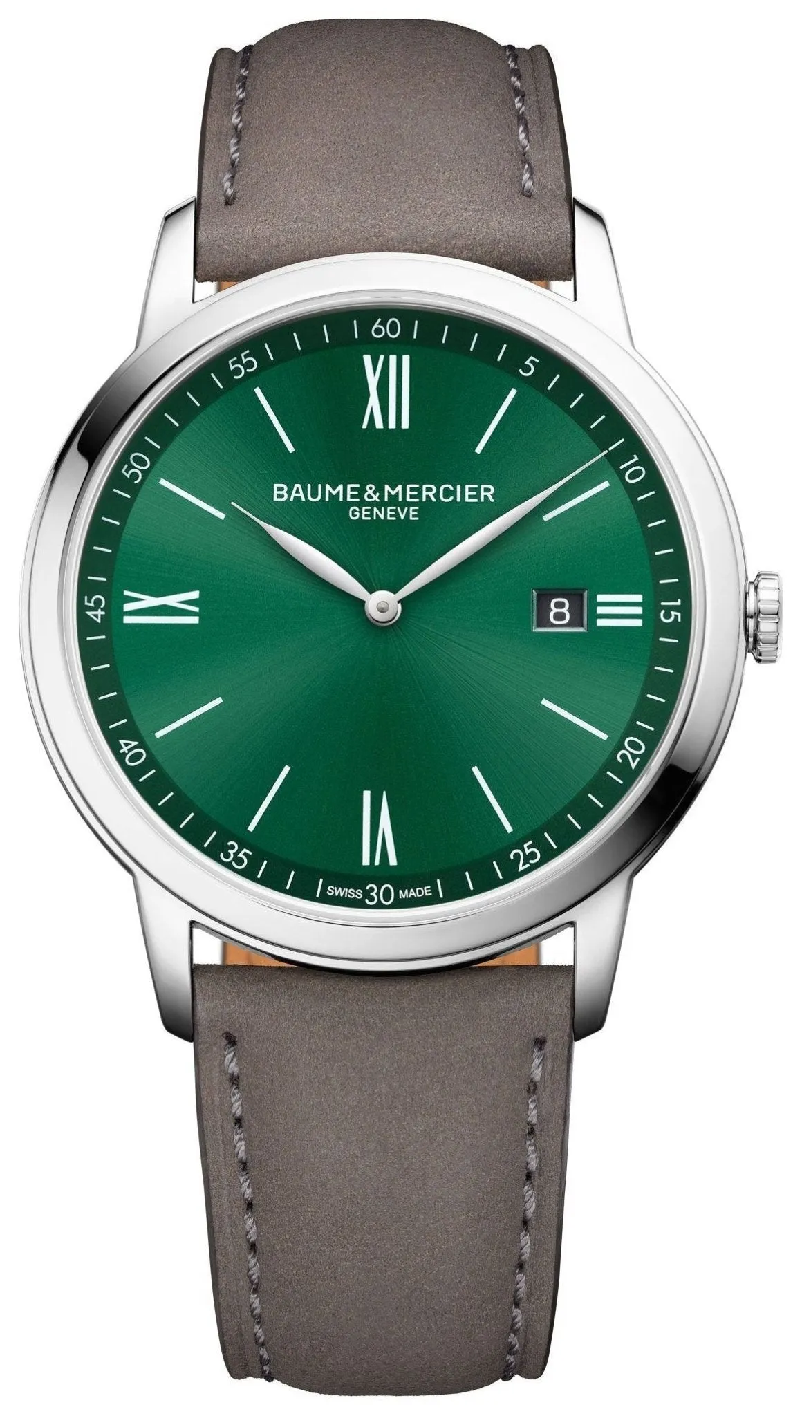 Baume & Mercier Classima Stainless Steel Green Dial Gray Brown Leather Date Quartz Mens Watch M0A10607