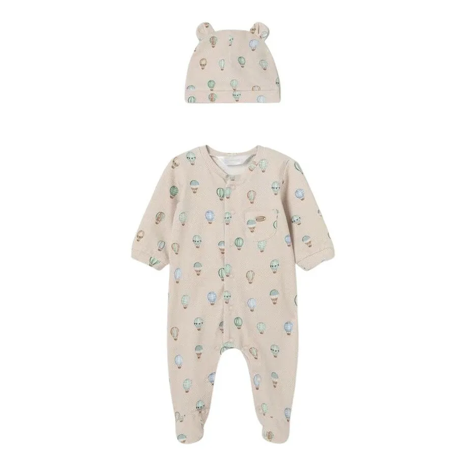 Beige Air Balloon Print Babygrow & Hat