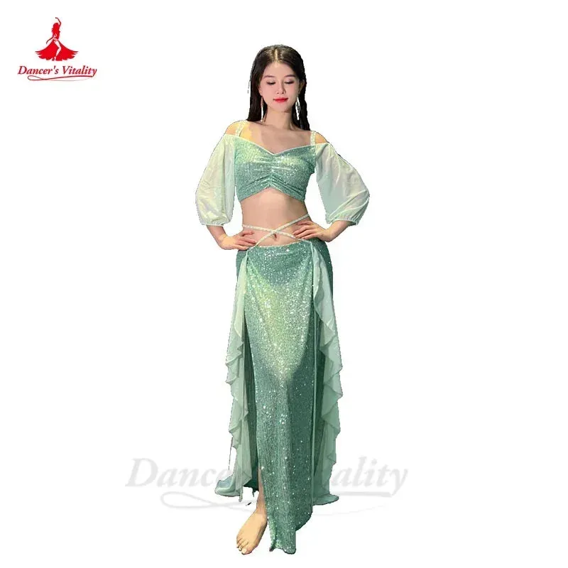 Belly Dance Costume Set for Women Short Sleeves Top split Long Skirt 2pcs Oriental Professional Set Belly Dancing Wear Outfit