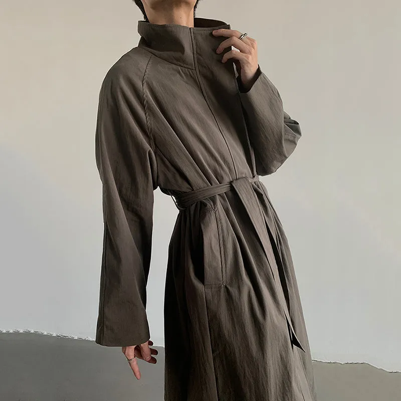 Belted Stand Collar Knee-length Trench Coat