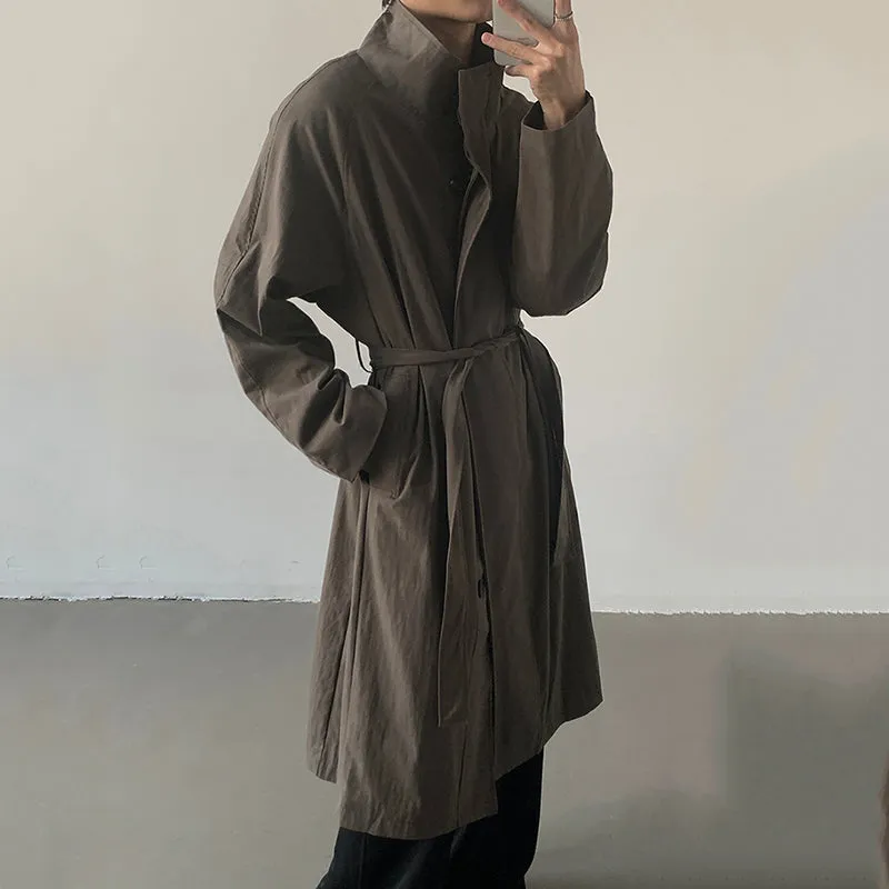 Belted Stand Collar Knee-length Trench Coat