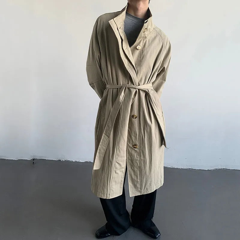 Belted Stand Collar Knee-length Trench Coat