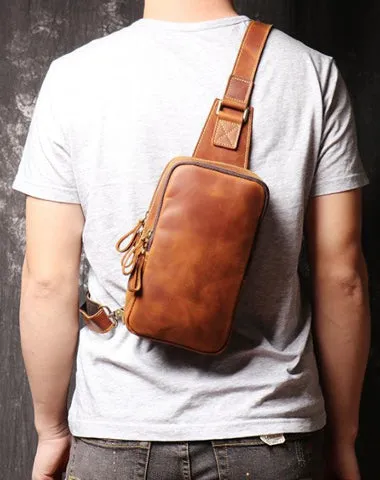 Best Brown Leather Men's Sling Bag Chest Bag Brown One shoulder Backpack Sling Pack For Men