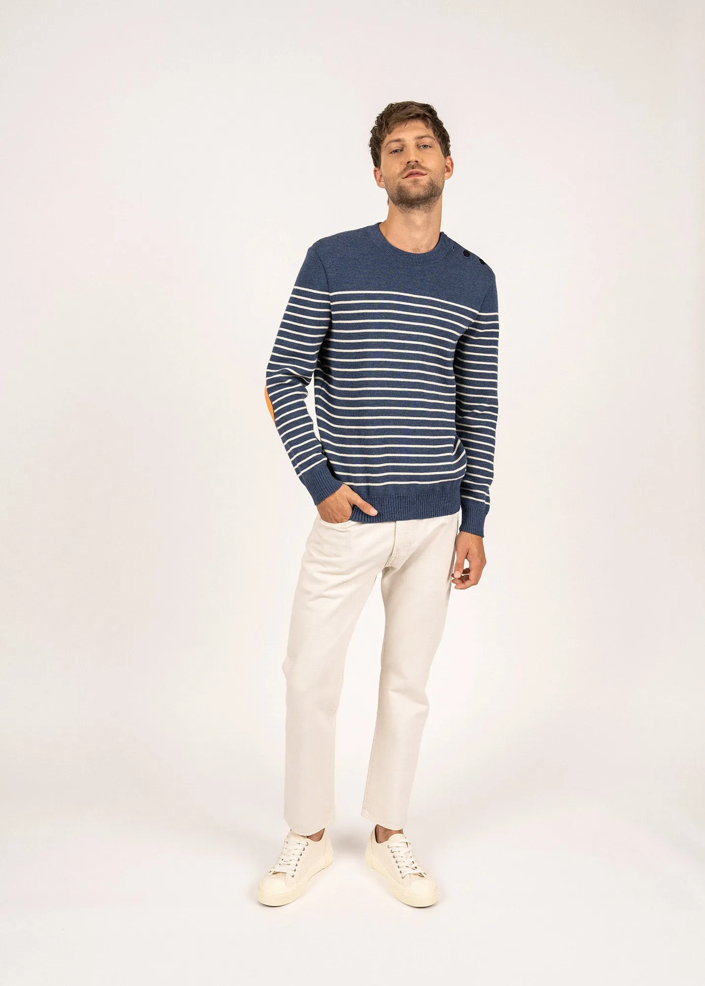 Binic striped sailor jumper - with contrasting elbow patches (JEAN/ECRU/ORANGE FLUO)