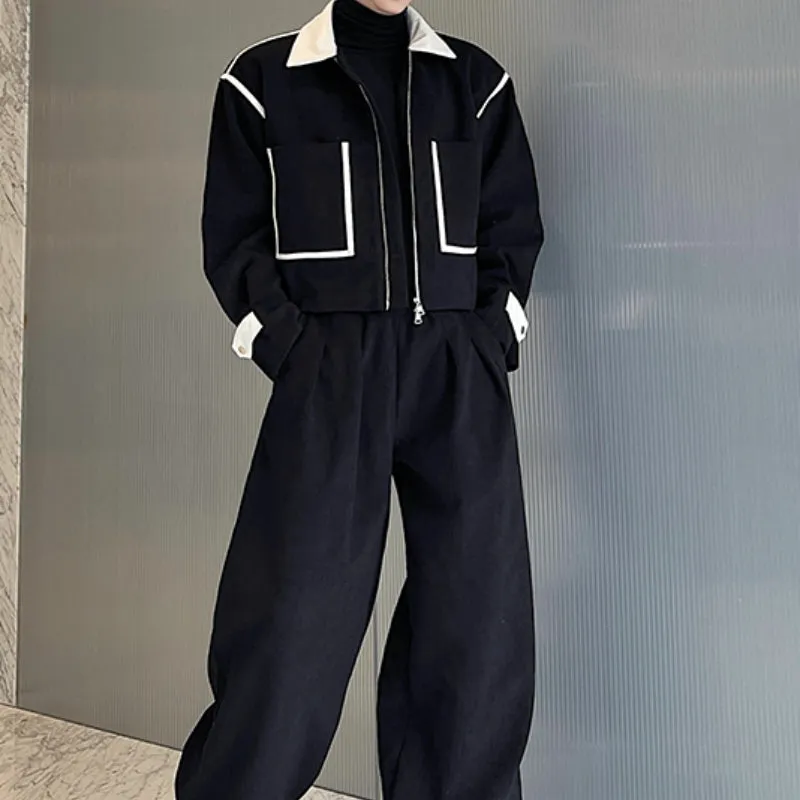 Black and White Contrast Short Jacket and Wide-leg Pant Sets