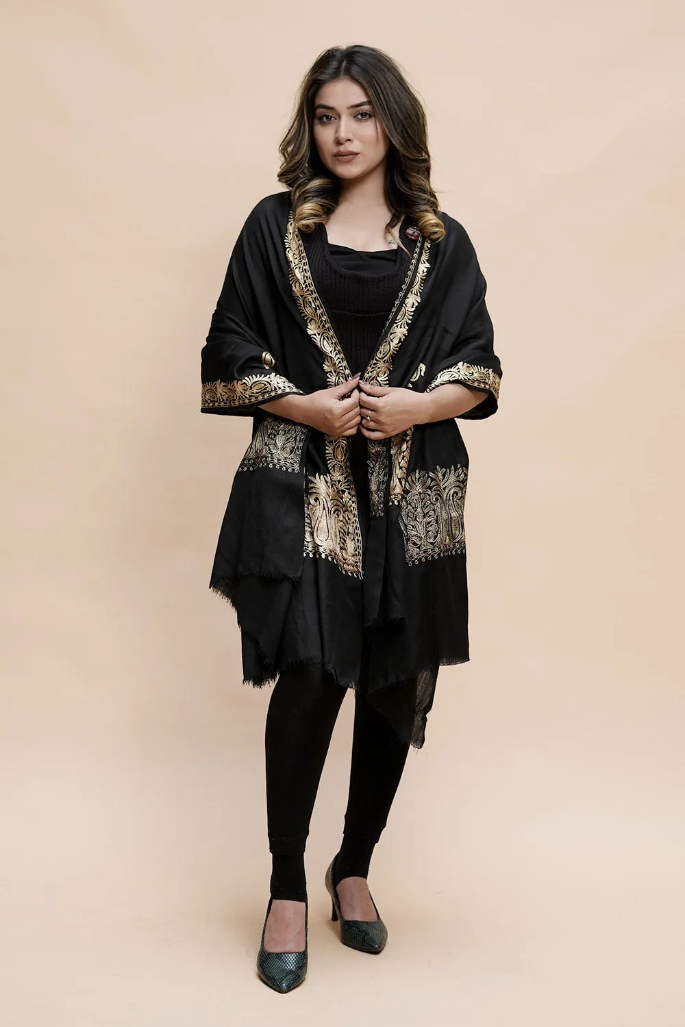 Black  Colour Semi Pashmina Shawl Enriched With Ethnic Heavy Golden Tilla Embroidery With Running border