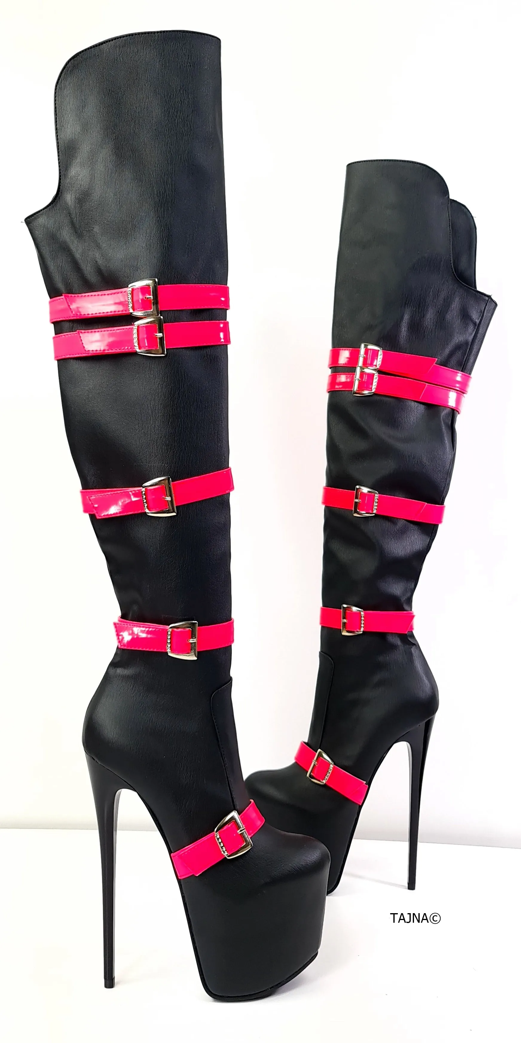 Black Neon Pink Belted High Heel Thigh Boots