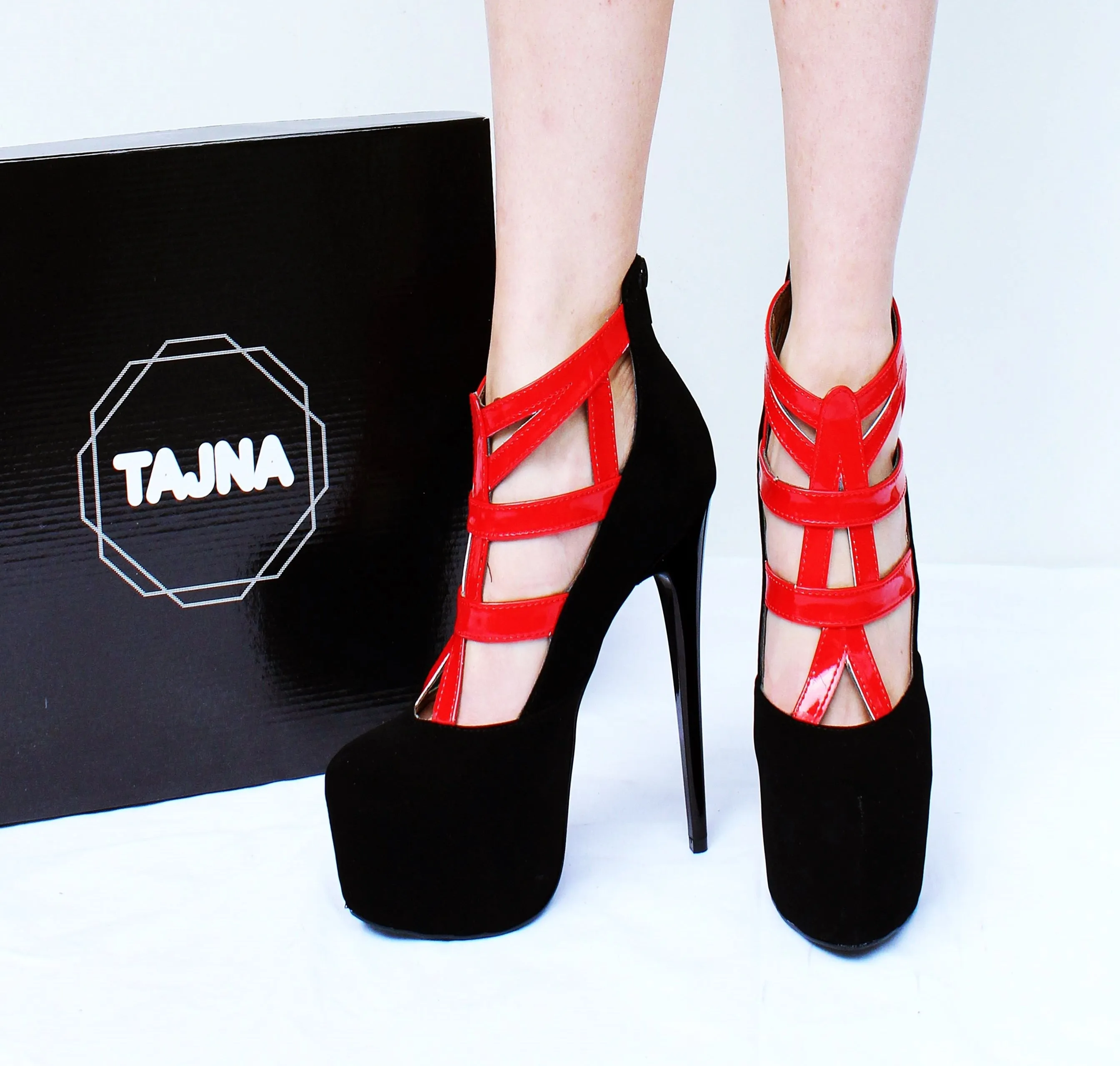 Black Red Cage High Heel Ankle Platforms