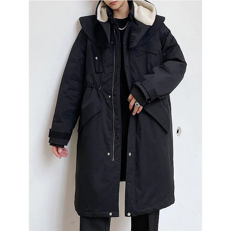 Black Shawl Hooded Mid Length Padded Coat