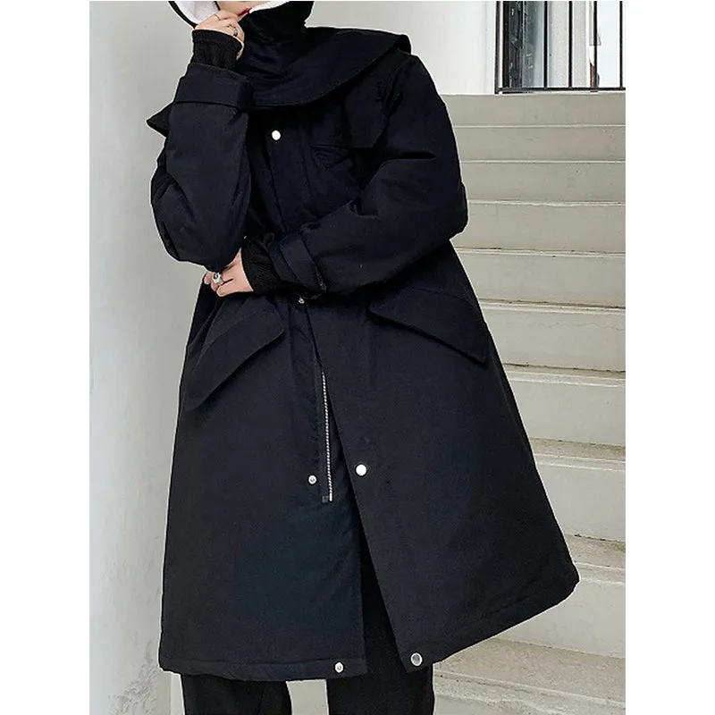 Black Shawl Hooded Mid Length Padded Coat