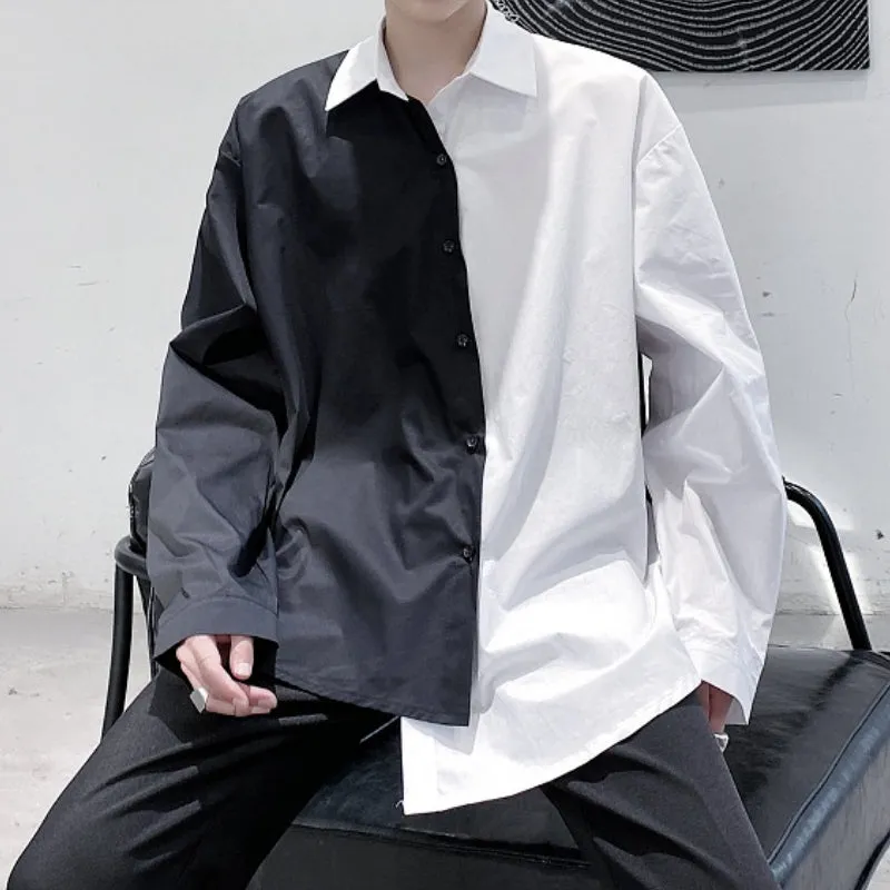 Black White Contrast Stitching Asymmetrical Shirt