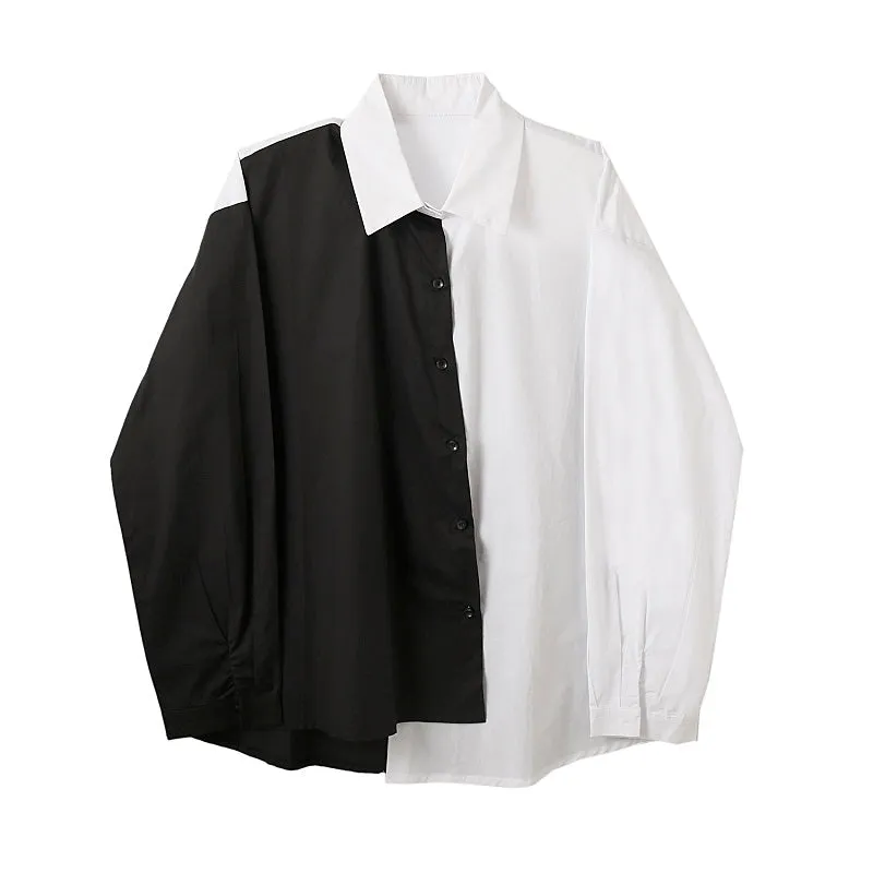 Black White Contrast Stitching Asymmetrical Shirt