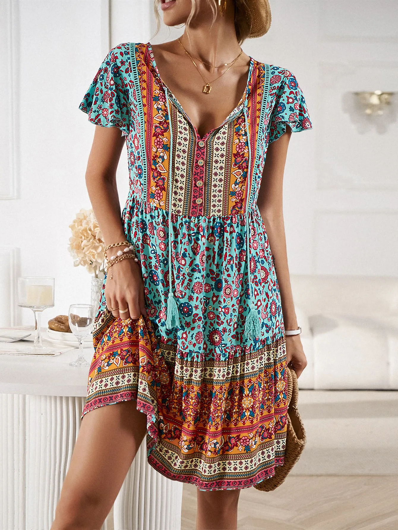 Bohemian Print V-Neck Petal Sleeve Tie Dress Wholesale Dresses