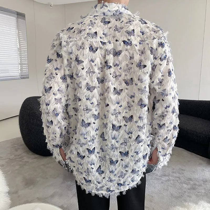 Butterfly Print Raw Edge Loose Casual Long-sleeved Shirt