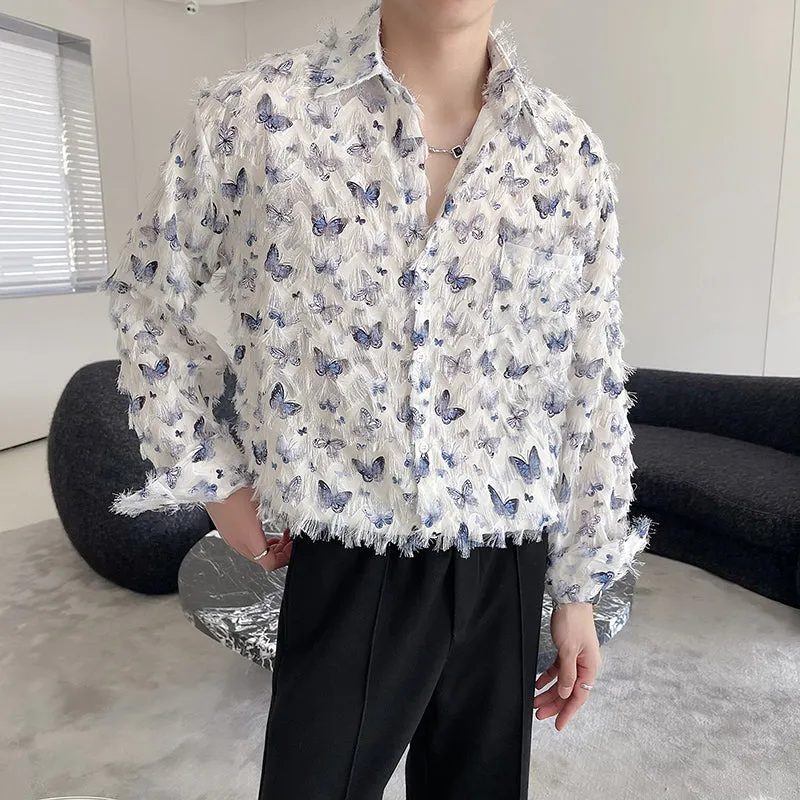 Butterfly Print Raw Edge Loose Casual Long-sleeved Shirt