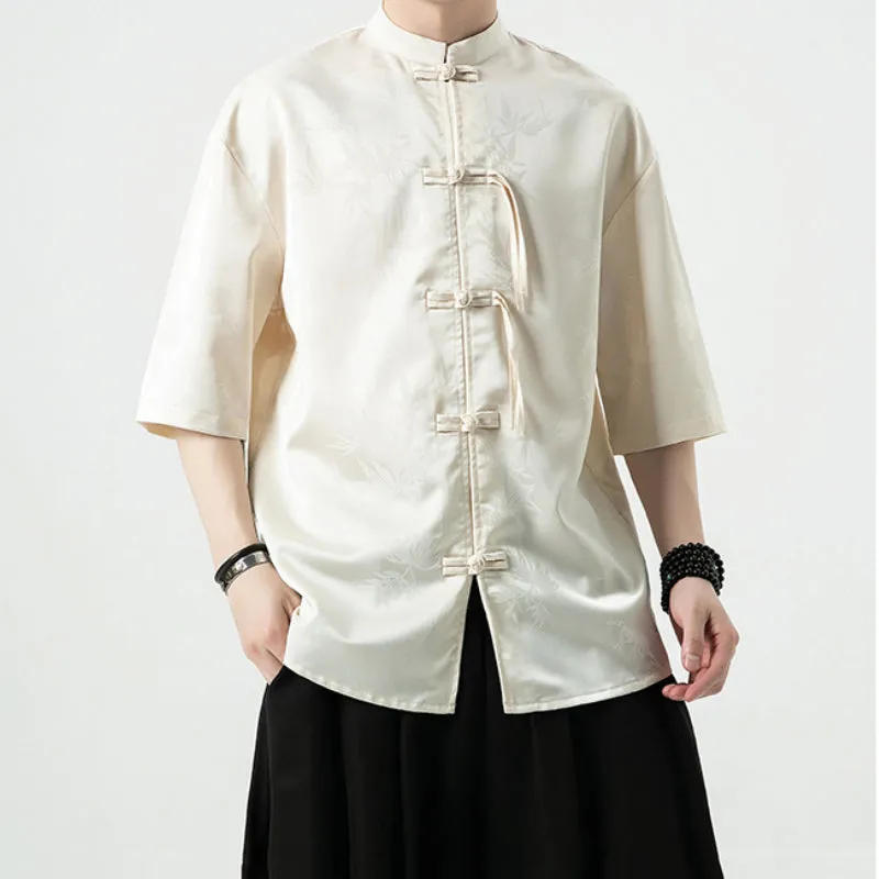 Buttoned Stand Collar Short Sleeve Shirt