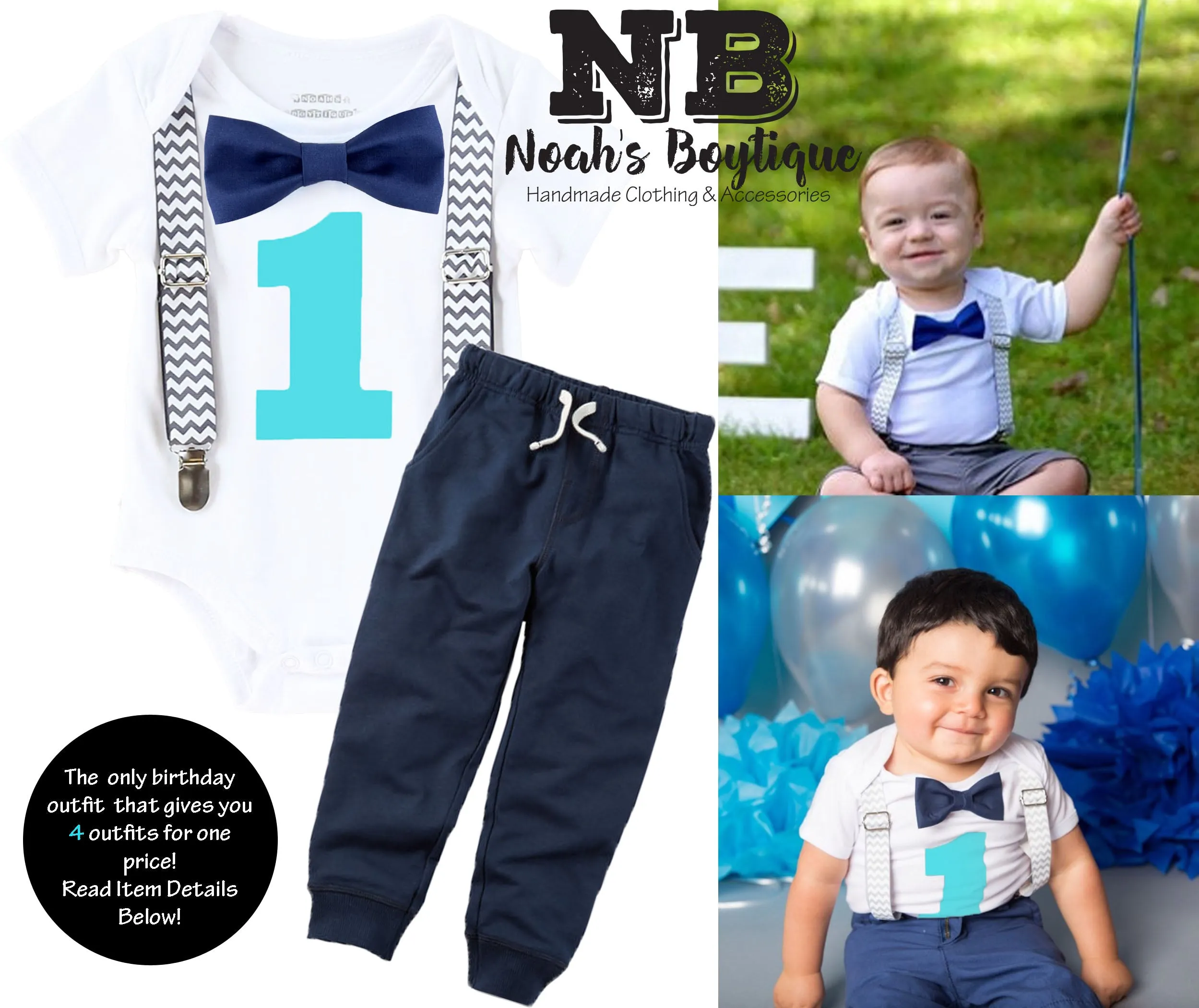 Cake Smash Outfit Boy Grey Chevron Aqua and Navy Blue