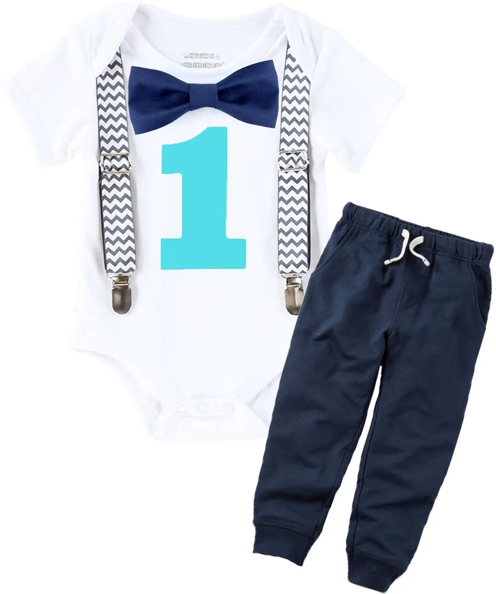 Cake Smash Outfit Boy Grey Chevron Aqua and Navy Blue