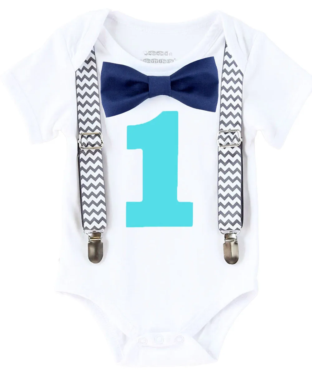 Cake Smash Outfit Boy Grey Chevron Aqua and Navy Blue