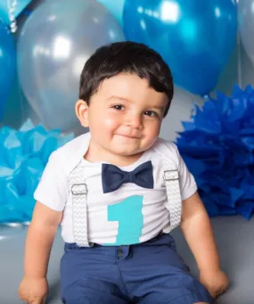 Cake Smash Outfit Boy Grey Chevron Aqua and Navy Blue