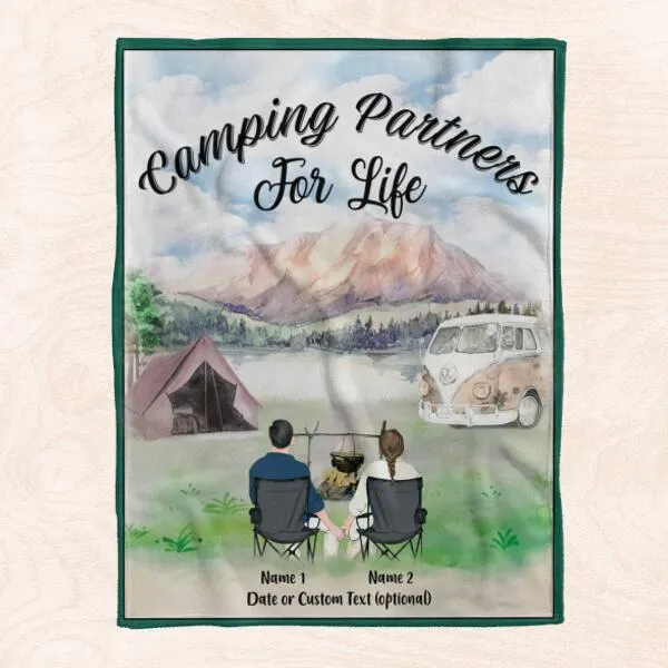 Camping Couple Personalized Soft Blanket - Car, Tent, Hair, Skin, Name, Dog and Quote can be customized